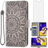 Asuwish Phone Case for Asus ZenFone 5 ZE620KL with Tempered Glass Screen Protector and Flower Leather Wallet Flip Cover Credit Card Holder Stand Cell Accessories Zen Fone 5Z ZS620KL Women Men Grey