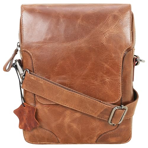 Pitaara Genuine Leather Crossbody Messenger Bag, Unisex, Full Grain Leather Shoulder, Travel and Tablet Bag with Front Flap, Brown, One, Messenger Crossbody Bag