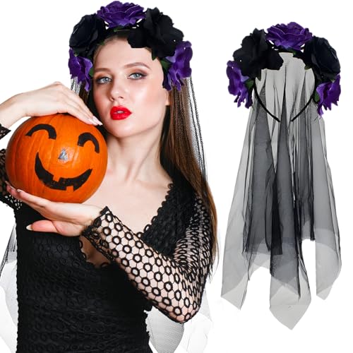FainFun Velo Halloween Diadema Flores Negro y Morado, Diadema de Halloween, Tocado Gótico, Diadema Día de Muertos, Diadema Flores Mexicana Mujer Para Fiestas de Halloween, Fiestas de Disfraces