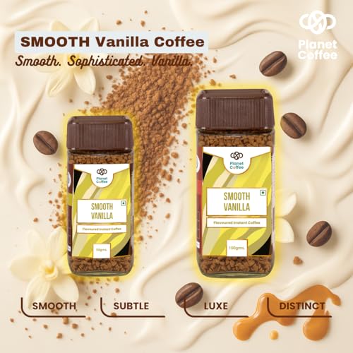 Image of Planet Coffee | SMOOTH Vanilla Coffee | 100 Gms Jar | Pure Arabica | Freeze-Dried Instant Coffee | No Added Sugar | Makes 50 Cups | Medium Roast | Flavoured Coffee