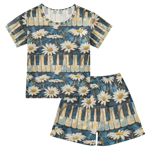 ALAZA Daisy Flowers Piano Keys Vintage Pajama Set Short Sleeve Sleepwear Soft Lounge Nightwear
