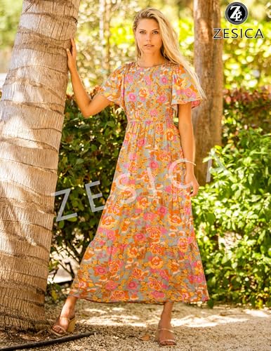 ZESICA Women's 2025 Summer Casual Floral Print Short Flutter Sleeve Crew Neck Smocked High Waist Flowy Maxi Dress4