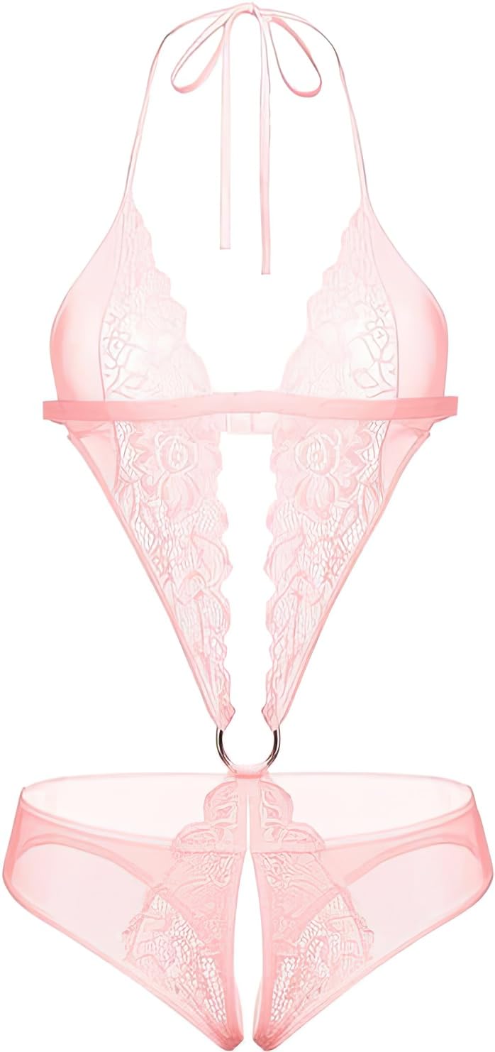 Women Lingerie Front Deep V Neck Closure Babydoll Lace Chemise Ruffle Nightgown Bodysuit Sexy Sleepwear with Panty 1 Piece.