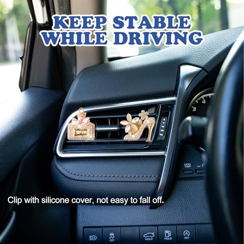 Image of Rislobx 4PCS Bling Air Freshener Vent Clip, Crystal Diamond High Heel Shoe Bag Crown Perfume Bottle Diffuser Vent Clip Cute Car Bling Accessories Decoration for Women (Gold)