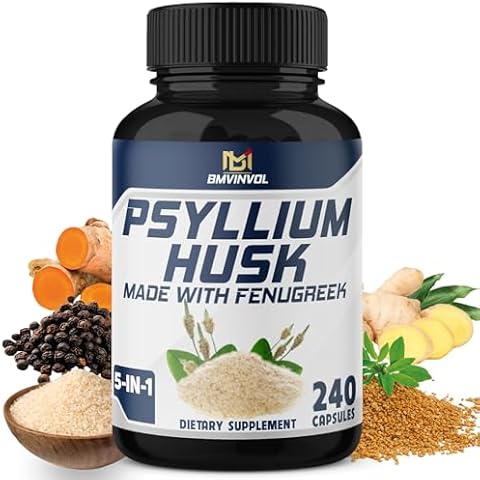 BMVINVOL Psyllium Husk Capsules Fiber Supplement with Fenugreek, Turmeric, Ginger, Black Pepper - 240 Count for 4 Month Supply Cover