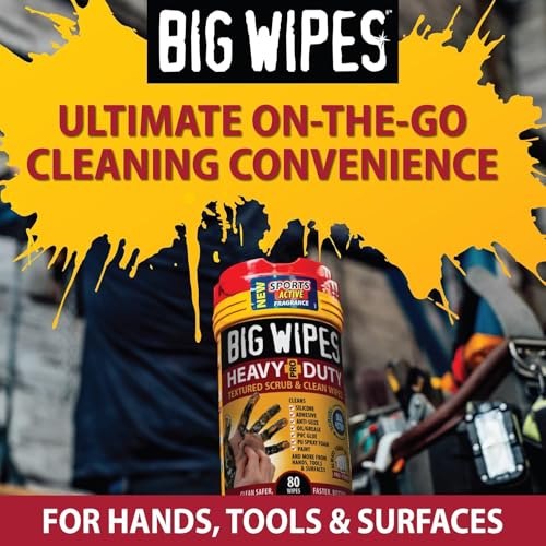 Image of BIG WIPES Heavy Duty Industrial Hand Cleaning Wipes, Textured Scrubbing Degreaser Wipes for Mechanics and Tool Cleaner - 80 Count Canister (2 Pack)