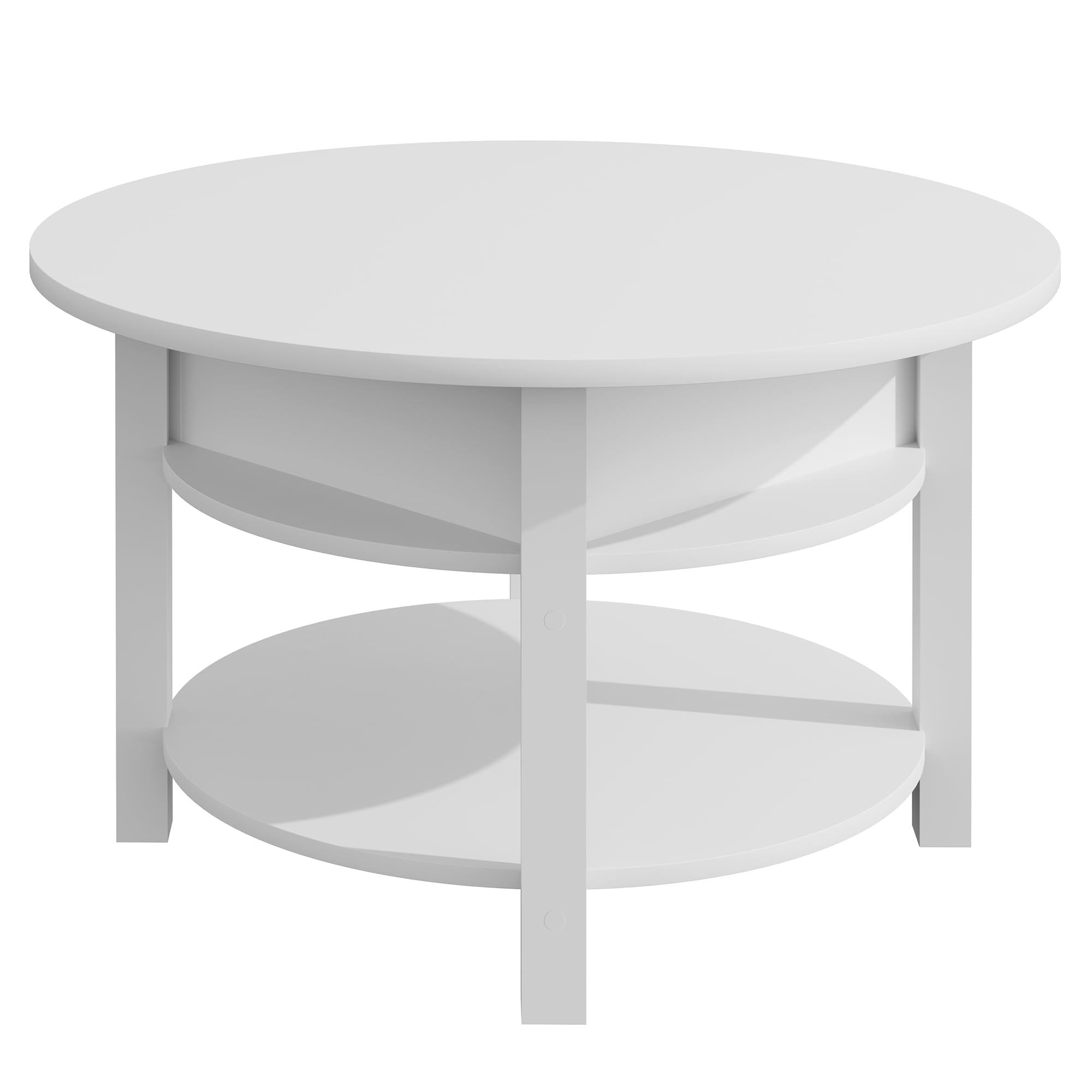 ELUCHANG Mesa de Centro Redonda Elevable y Extensible 2 en 1 para Salón y Oficina, Mesa de Cafe con Espacio de Almacenamiento de 2 Niveles, Madera en Blanco, 80x80cm