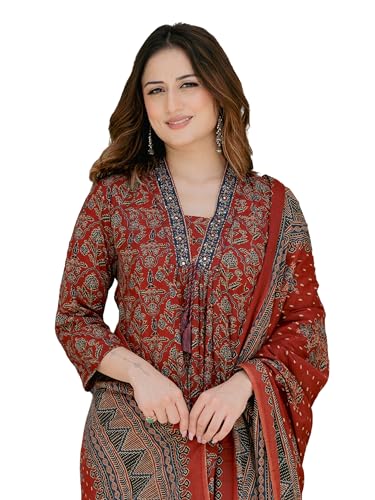 Image of Arayna Women's Pure Cotton Printed Kurta Pant Dupatta Set | Traditional Ethnic Suit Set with Ajrakh-Inspired Print | Straight Fit 3-Piece Set for Women