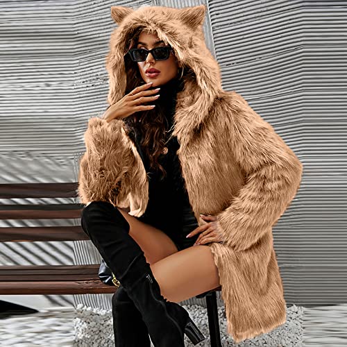 Symoid Faux Fur Coats For Women Fluffy With Hood Fuzzy Fleece Jacket Elegant Windproof Overcoats Winter Warm Streetwear #TOP2