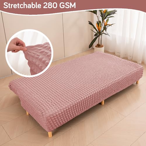 Image of HOKIPO 280 GSM Armless Sofa Cover for Sofa Cum Bed, Stretchable Elastic Futon Slipcover - 'Aria Nova' Large, Tea Rose Pink (AR-6703-PNK)