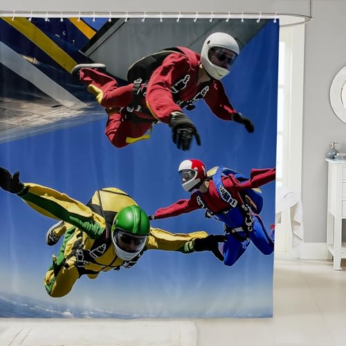 feelingyou Cortina de ducha de paracaídas para bañeras, deportes extremos, juego de cortina de ducha de paracaídas de aventura, cortinas de baño impermeables, azul, rojo, amarillo, 72 x 84 pulgadas