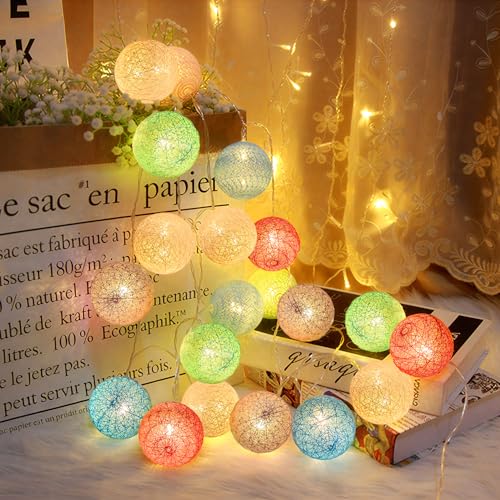 Anordsem Battery String Light Indoor: 6.88Ft/10 LED Cotton Ball Lanterns 2 Pack - Fairy Macaron Color Lighting Hanging Deco for Bedroom Party - Birthday Gifts for Babies Adults 25-50
