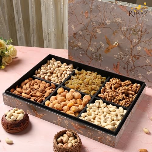 Image of Riwaz Elite Flying Bird & Floral Design Dry Fruit Gift Box | 6 Compartment Assorted Nuts (Almonds, Cashews, Pistachios, Walnuts, Apricots & Raisins) | Luxury Healthy Gifting Hamper for Diwali, Wedding & Corporate Celebrations (600g)