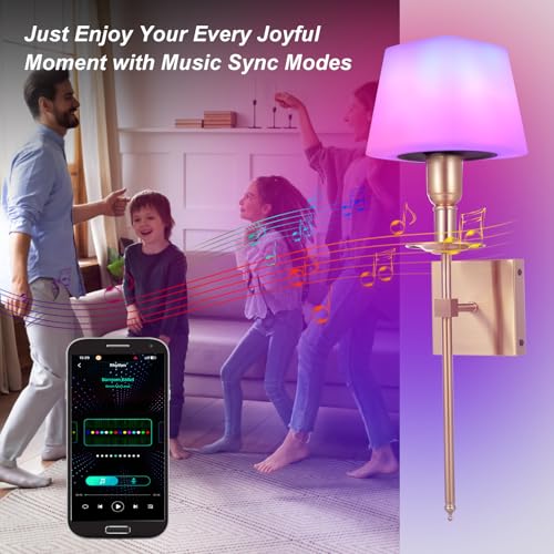 Image of Neoglint RGB Battery Operated Wall Sconces Set of 2, Wireless LED Wall Lights Indoor with App Control, Dimmable Rechargeable Gold Wall Lamps, Music Sync, Timer for Bedroom Living Room Gaming