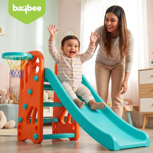 Image of Baybee Garden Baby Slide for Kids with Basketball Hoop | Perfect Mini Playground Sliding for Babies with Handrails | Baby Play Area Indoor Setup | Outdoor Slider for Kids 2 to 5 Years (Orange /Blue)