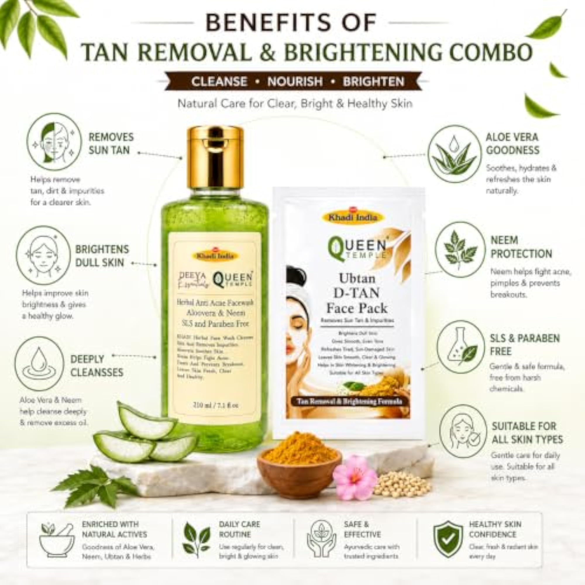 Khadi India Ubtan D-Tan Face Pack & Aloe Vera Face Wash Combo