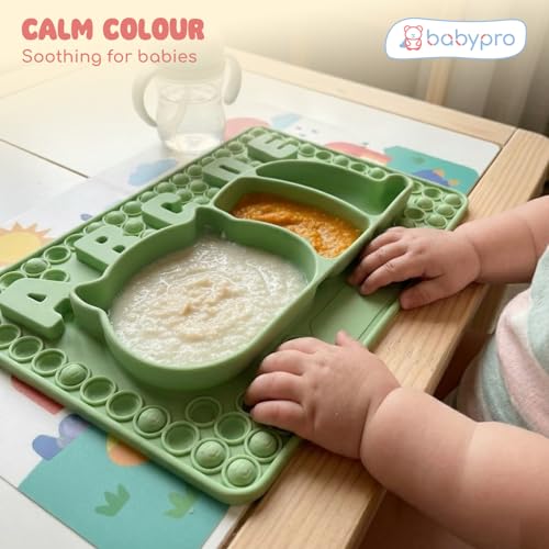 Image of BabyPro Pop-It Silicone Plate & Bowl, Suction Base, Sage Green, Food Grade | Baby Feeding Plate, BPA-Free, 3 Sections, Microwave & Dishwasher Safe