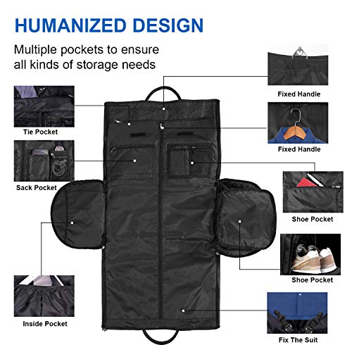 Carry On Garment Bag, Waterproof Mens Garment Bag for Travel Business, Large Leather Duffel Bag with Shoe Compartment -Black