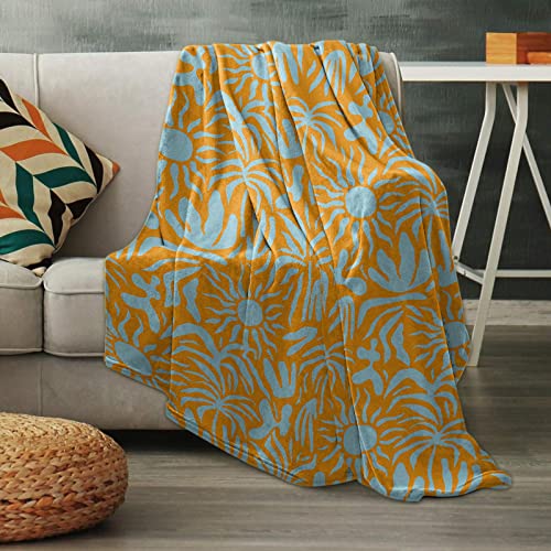 Fleece Throw Blankets For Couch,Abstract Sun And Flower Silhouette Soft Flannel Bed Throws,40X50In Lightweight Cozy Sofa Blankets,Orange Stripe Geometry On Blue Fluffy Warm Blanket For Home Decor #TOP4