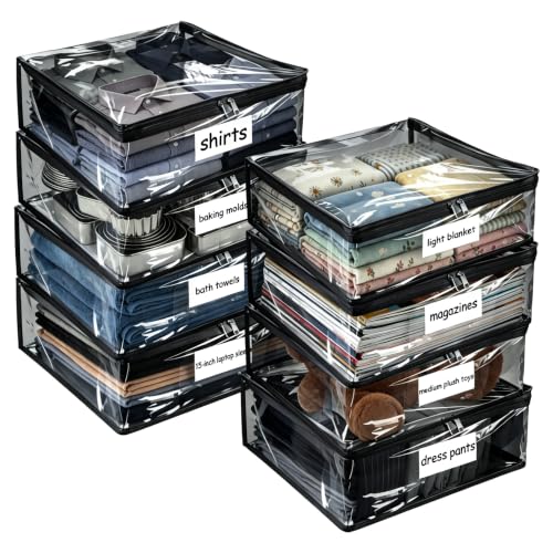 Plastic Storage Bags with Easy-Glide Zipper, Pack of 8, Durable Clear Vinyl Zippered Storage Bags for Clothes Sweaters Comforters Blankets Sheets Bedding (15 x 12 x 5 Inch, Transparent Black)