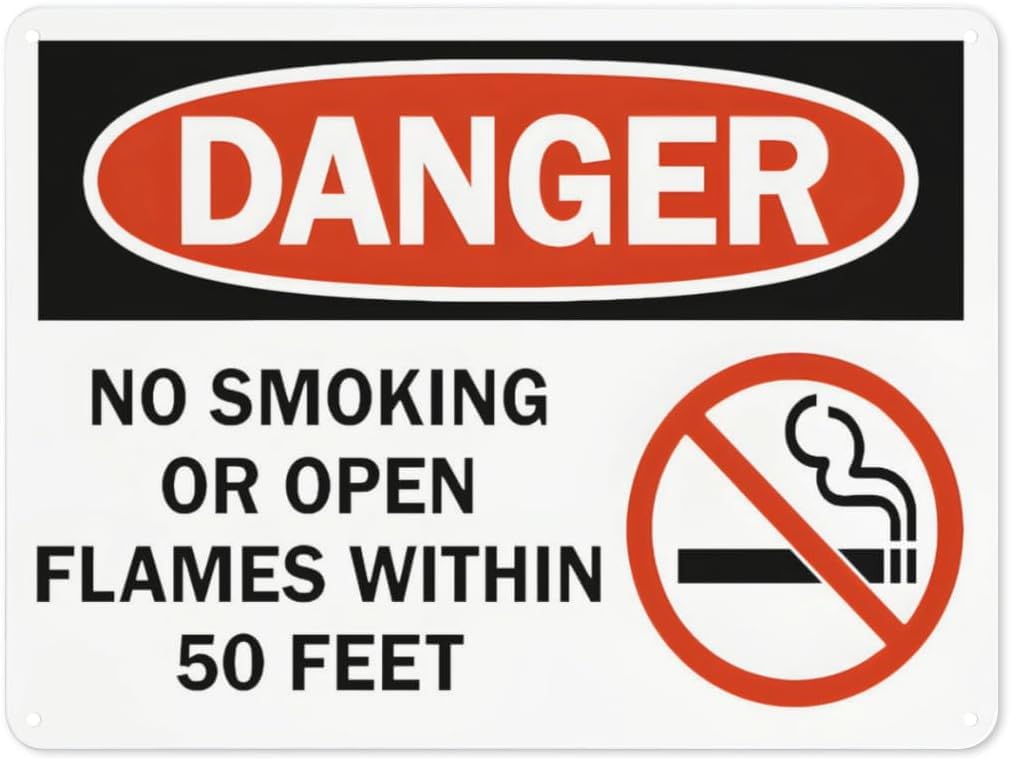 Warning Notice Danger No Smoking Or Open Flames Within 50 Feet Rust Free Aluminum Tin Sign - Traffic Safety Decor with Pre-Drilled Holes for Workplace, Flammable Zone - 12x8 Inch​