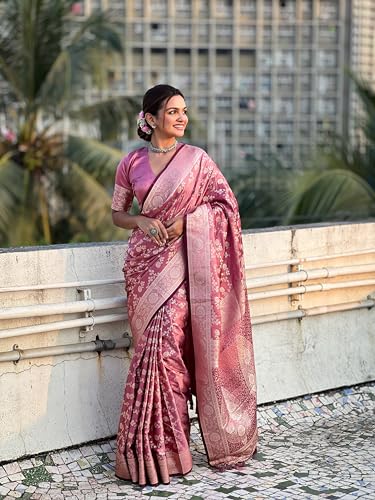 Image of Banarasi Satin Silk Zari Woven Dusty Color Saree with Unstitched Blouse Piece