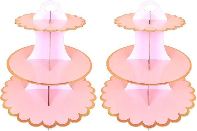 2 Pack Cake Stand Cardboard Cupcake Stand 3 Tier Cupcake Dessert Holder Cardboard Round Tower Cardboard Cake Stands for Birthday, Party, Anniversary, Baby Showers (Rose)