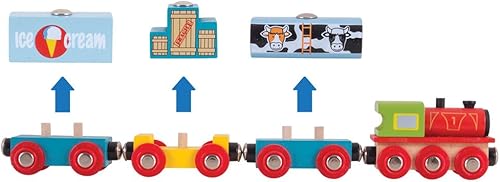 Miniatura 2 de Bigjigs Rail Juguete de tren de mercancías de madera, tren con 3 carros y carga extraíble, viene con 2 piezas de madera y un amortiguador,