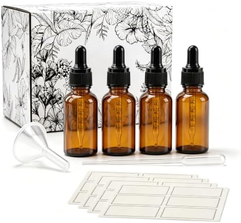 PrettyCare 4 Pack 1 oz Amber Glass Dropper Bottle with Black Cap, 30ml Tincture Bottles with Graduated Droppers - Small Eye Dropper Bottles for Essential Oils, Beauty & Travel - 5