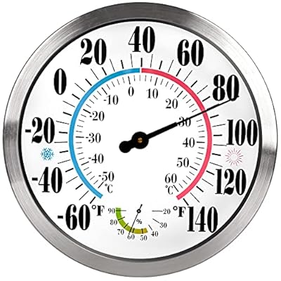 12" Outdoor Thermometer Large Numbers - Decorative Outdoor Thermometers for Patio, Wall Thermometer Hygrometer with Stainless Steel Enclosure, Battery Free Indoor Outdoor Thermometer Hanging