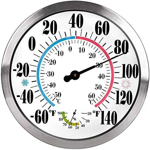 12" Outdoor Thermometer Large Numbers - Decorative Outdoor Thermometers for Patio, Wall Thermometer Hygrometer with Stainless Steel Enclosure, Battery Free Indoor Outdoor Thermometer Wireless