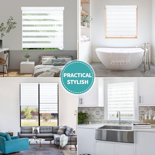 Joydeco Cordless Zebra Blinds for Windows, Dual Layer Light Control Window Blinds with Light-Proof Aluminum Cover, Free-Stop Roller Shades for Home & Office (White,22" W x 75" H)