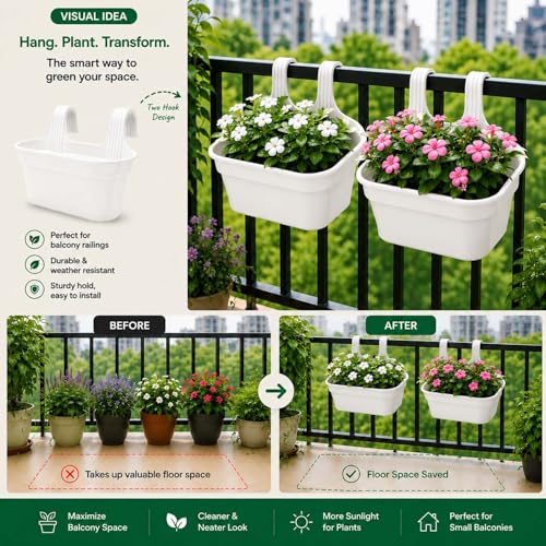 Image of Go Hooked 12 Inch Plastic Railing Hanging Planter Pot Set of 3 | Rectangular Flower Pots with Double Hook for Garden Fence Balcony Indoor Outdoor Home Decor | Durable Plant Container (White)