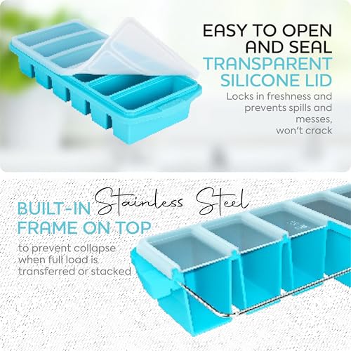 Image of Silicone Freezer Tray With Lid - Soup Freezer Container Molds Set Makes 2-Cup & 1-Cup 1 /2-cup Portions Cubes Perfect for preparing meals in different Portion Sizes Oven & Dishwasher-Safe