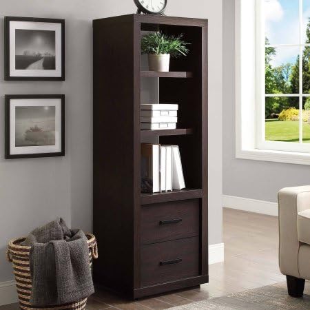 Tall Bookcase with Bottom Drawer, Adjustable Shelf, Espresso Finish, Contemporary Style, Perfect for Storage Audio, Video, Books, Ideal for Living Room, Home Office, Family Room, Bonus E-Book