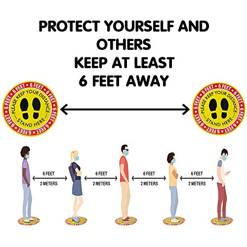 COPACHI Social Distancing Floor Decal Stickers, 6 Feet Notice Floor Sign for Queues, Lines, Anti-Slip Floor Sign Marker, Commercial Grade, 11\" Round (Yellow-Red, 5Pack)