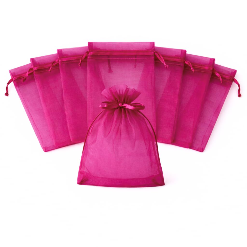 Little Snow Direct Fuchsia Sheer Organza Gift Bags Drawstring Wedding Party Favour Bags For Jewellery Candy & Small Gifts (50 Pack - 7×9 Cm / 2.8×3.5 Inches)
