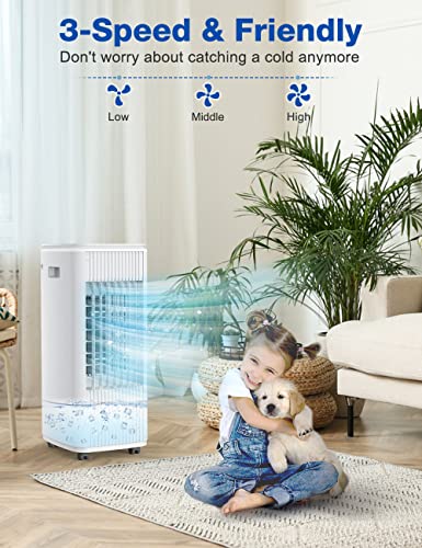 Evaporative Air Cooler, 3-IN-1 Windowless Portable Air Conditioner with Natural/Cooling/Humidifier & 3-Speed, 70° Oscillation & 7 Timer Remote Control, Swamp Cooler w/4 Ice Packs for Home & Kitchen