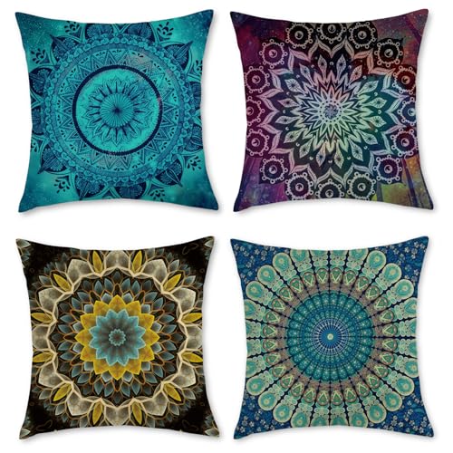 BREASOME Fundas Cojines 45x45 cm, Juego de 4 Fundas de Cojin Patrón de Mandala Estilo Retro étnico Fundas de Almohada Decorativas Cuadradas de Poliéster para Sofá Dormitorio Sala de Estar