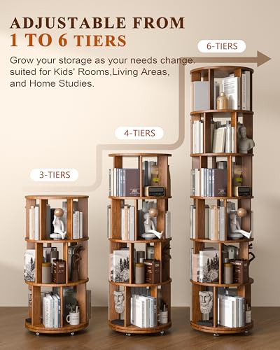 Image of IUNVR 6 Tier Rotating Bookshelf Tower Spinning Bookshelf with Swivel Wheels Book Shelf Rotating Storage Tower for Kids Adult, Narrow Solid Wood Revolving Bookcase Organizer for Bedroom Living Room