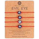 KIYSI Hand Made 4 Pcs Evil Eye Bracelets Adjustable Evil Eye Bracelet for Women Red Evil Eyes Bracelets Pack (Red Rope - Blue Beads)