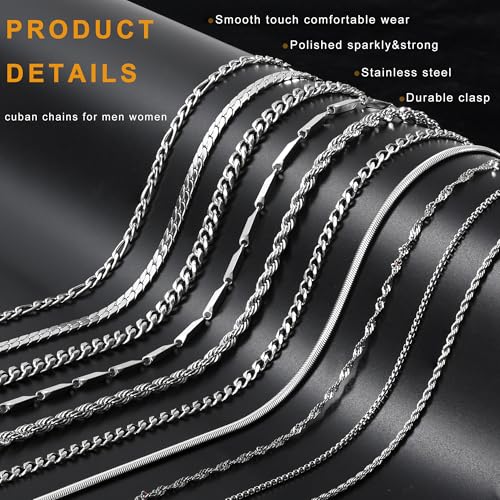 ELLEWIN 10 Pcs Chains for Men Silver Necklace Stackable Stainless Steel Chains Set Mens Jewelry Set Cross Cuban Link Figaro Chain3