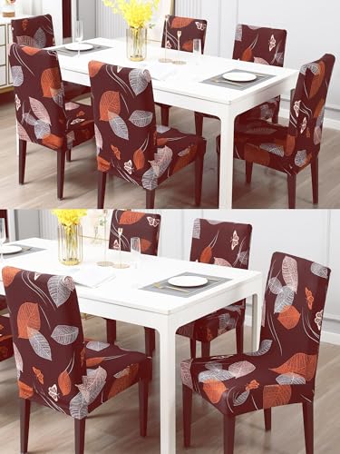 Image of Stretchable Dining Chair Cover - Washable, Removable, Anti-Slip, Protector, Universal Fit (Set of 1, Maroon Leaf)