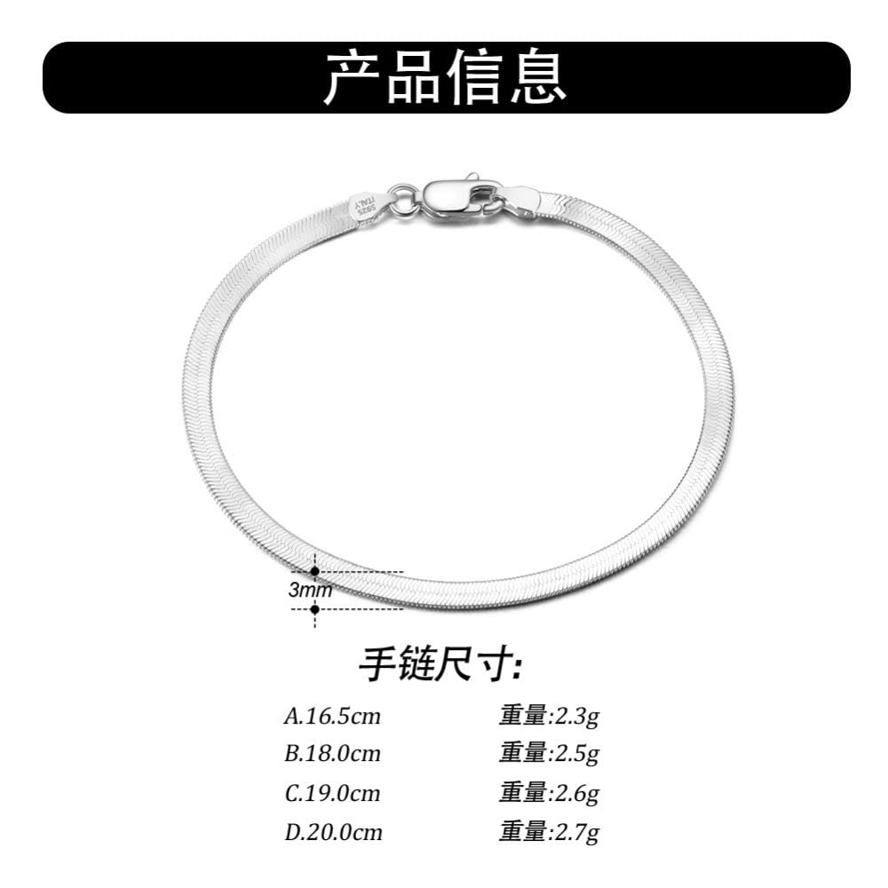 LYGXWJFC Pulsera De Plata Esterlina, Moda S925 Pulsera De Plata Esterlina Pulsera De Cadena De Eslabones De Espiga Plana De 3 Mm Pulsera De Hueso De Serpiente Plana Unisex Pulsera De Amistad