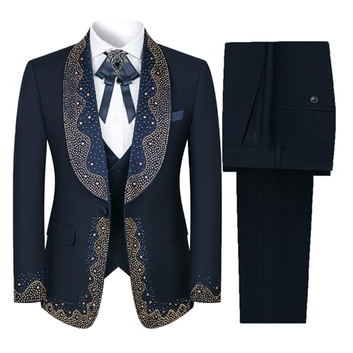 3 Pieces Prom Tuxedo for Men Groom Wedding Suits Luxury Diamonds Shawl Lapel Blazer Jacket Vest Pants Party Sets