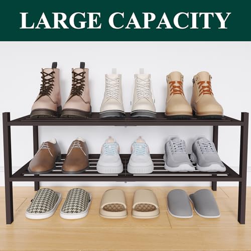 Image of Smiry Bamboo Shoe Rack, 5 Horizontal Slats, 2 Tier - 26.8 inch Wide, Brown