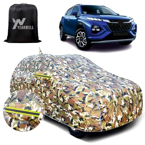 Image of Car Body Cover for Maruti Fronx, 100% Waterproof with Mirror & Antenna Pockets, Military Print Design, UV & Dust Protection, Triple Stitched, Sky Piping & Reflector (Jungle Print)