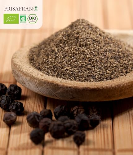 FRISAFRAN | Gemahlener Schwarzer Pfeffer Bio 100g | Reiner Pfeffer | gemahlen schwarzer Pfeffer | 100% ökologisch-natürlich | Intensiver Geschmack | Ideale Eintöpfe | Ohne Zusatzstoffe | Veganer