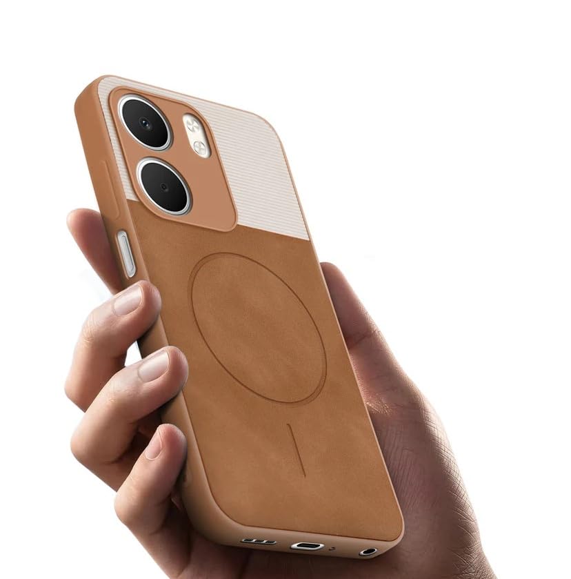 Image of Bintage CASE Mac Safe Design Hard Light Weight Back Case | Soft Border Camera Protect | Dual PU Leather Finish Back Cover Compatible for Oppo A5x 5G - White & Brown