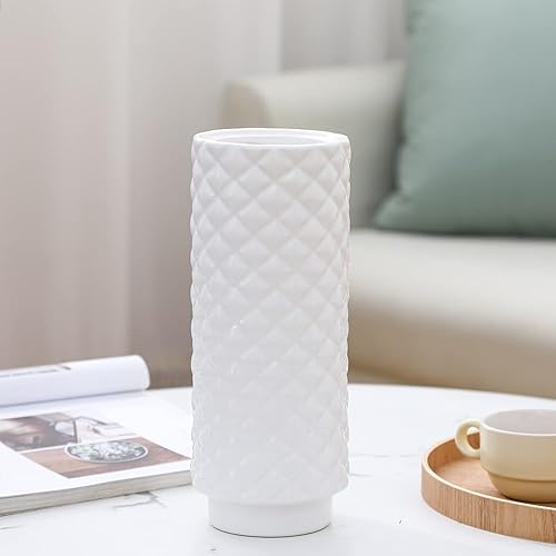 Miniatura 7 de Jarrón de cerámica moderno blanco de 10.5 pulgadas, barra vertical, jarrón redondo de porcelana, decoración del hogar, diseño geométrico brillante,